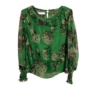 Carla Ruiz Green Floral Smocked Sleeve Semi Shear Blouse Size 42 or 12